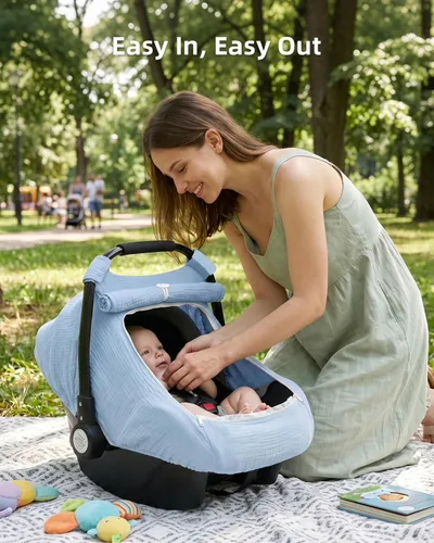 Miniatura 7 de Rquite Funda de asiento de automóvil para bebé, niña, niño, 100% muselina de algodón, toldo transpirable a prueba de viento con ventana de malla