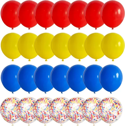 Miniatura 9 de Globos de color rojo, azul y amarillo, globos de helio de color primario de 12 pulgadas con globos de látex de confeti, globos de carnaval, circo