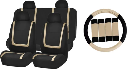 FH GROUP FH-FB032114 fundas de asientos de automóvil de tela lisa exclusivas con funda de volante FH GROUP FH2033 y almohadillas de cinturón de