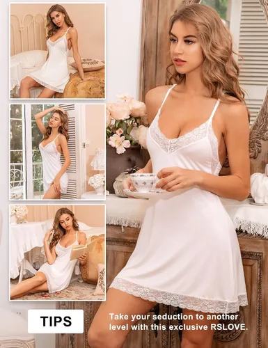 Miniatura 3 de RSLOVE - Ropa de dormir de lencería y encaje tipo baby doll para mujer, diseño de camisón con cuello en V