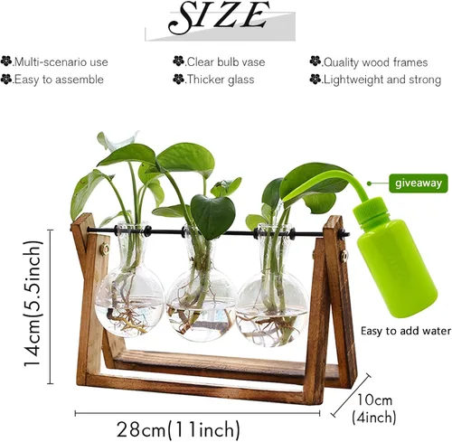 Miniatura 2 de XXXFLOWER Terrario para plantas con soporte de madera, maceta de aire, jarrón de vidrio, soporte giratorio de metal, mesa retro para decoración