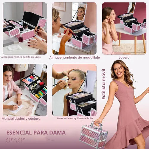 Miniatura 4 de Joligrace Estuche de Tren de Maquillaje Estuche de Maquillaje Organizador Bolsa de Cosméticos Portátil con Caja de Almacenamiento de 2 Bandejas