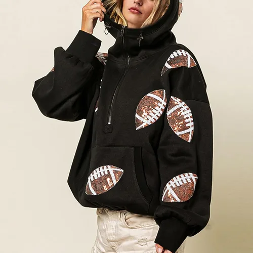 Miniatura 22 de SeekMe Sudaderas con capucha de lentejuelas para mujer, para el día del partido, suéteres de manga larga con cremallera y bolsillo