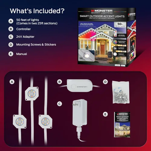Miniatura 2 de Luces exteriores permanentes inteligentes Monster, 50 pies, 36 luces LED para aleros, RGB+IC+WW, resistentes al clima y al agua, control por