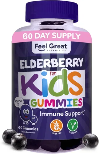 Feel Great Kids - Gomitas de saúco con zinc y vitamina C | Apoyo inmunológico Sambucus Saúco | Multivitaminas veganas para niños con sabor a bayas |