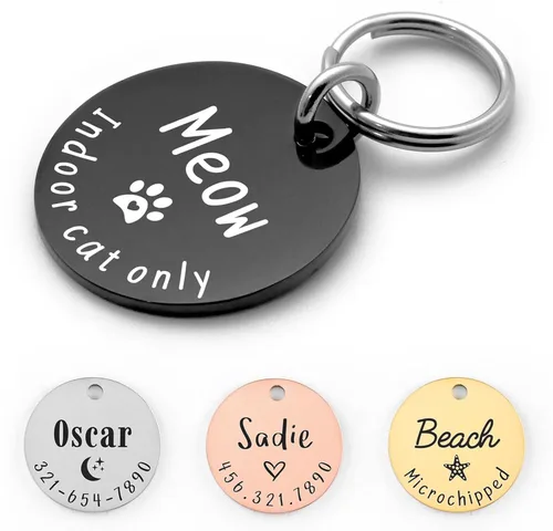 Etiquetas personalizadas con símbolos encantadores para perros y gatos, etiqueta de identificación de mascota de acero inoxidable grabada Negro