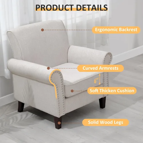 Miniatura 6 de PrimeZone Comfy - Silla decorativa de tela moderna de mediados de siglo, silla de lectura con cojín suave, ribete de cabeza de clavos y reposabrazos