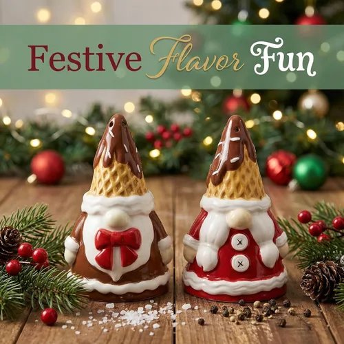 Miniatura 2 de Young's Inc Salero de Navidad, juego de condimentos S/P de gnomo de cacao y galletas, juego de sal y pimienta de cerámica, decoración moderna