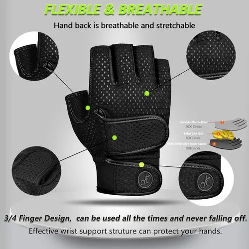 Miniatura 3 de Guantes de entrenamiento MOREOK con acolchado para levantamiento de pesas para hombres/mujeres, [Gel de 3MM] guantes sin dedos de agarre para Negro