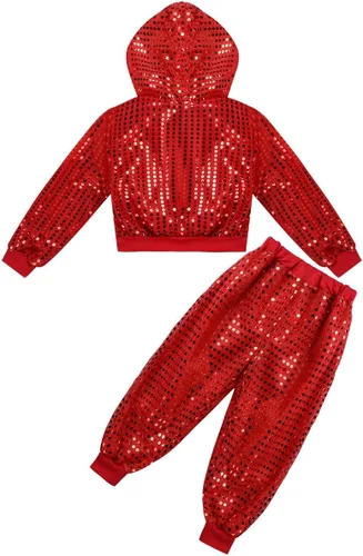 Miniatura 4 de inhzoy Conjunto de lentejuelas para niña, danza callejera, hip hop, danza, rendimiento, con capucha y pantalones de harén