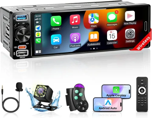 Estéreo de automóvil de un solo DIN con Apple Carplay Android Auto, radio de coche con pantalla táctil IPS de 6.5 pulgadas con Bluetooth 6.0, cámara