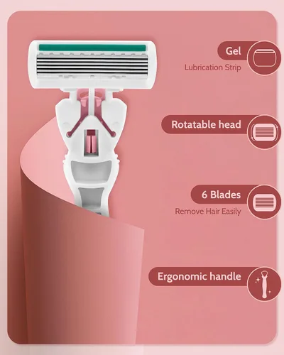 Miniatura 2 de Maquinillas de afeitar para mujer para piel sensible, 6 cuchillas para afeitar, incluyendo 1 maquinilla de afeitar de viaje para mujer con 12 Rosa
