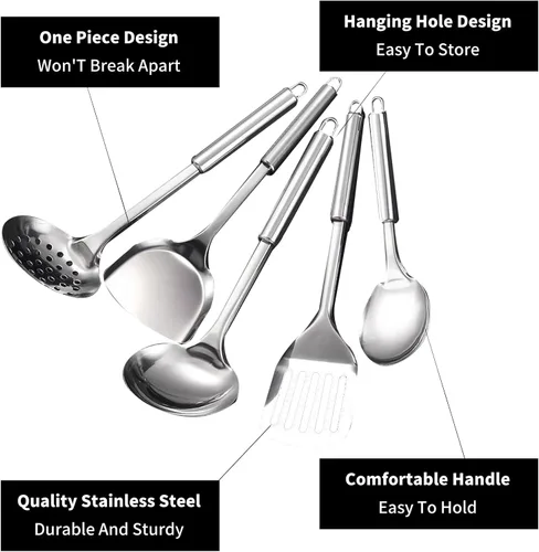 Juego de utensilios de cocina de acero inoxidable, juego de 5 utensilios de cocina de acero inoxidable, juego de utensilios de wok que incluye
