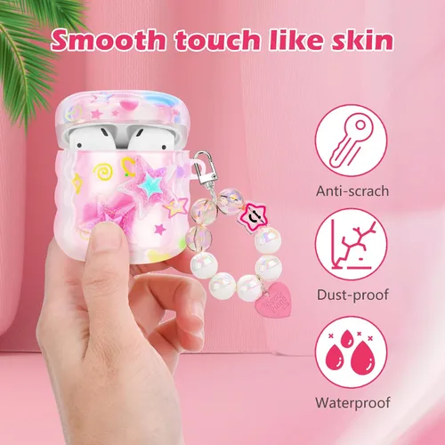 Miniatura 5 de Bonita funda para AirPods con colgante de amor, llavero de cuentas redondas coloridas, diseño de estrellas 3D con purpurina, funda protectora suave