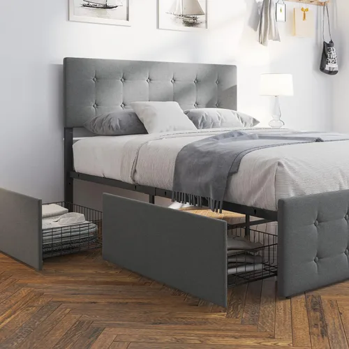Miniatura 6 de GAOMON Base de cama de tamaño matrimonial con 4 cajones de almacenamiento y cabecero, base de colchón tapizada con plataforma completa, base
