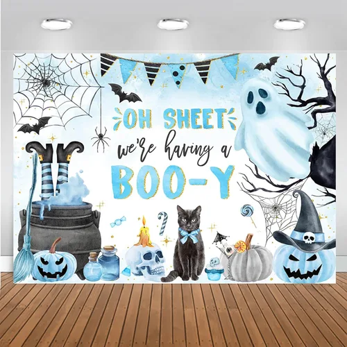 Mocsicka Telón de fondo de Halloween para decoración de fiesta de baby shower de niño Boo-y, pancarta azul, bonita y espeluznante (8 x 6 pies)