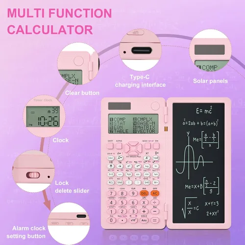 Miniatura 3 de Calculadoras científicas, calculadora Rudnia Pink con reloj despertador, calculadora de escritorio de 417 funciones recargable, calculadora para Rosa