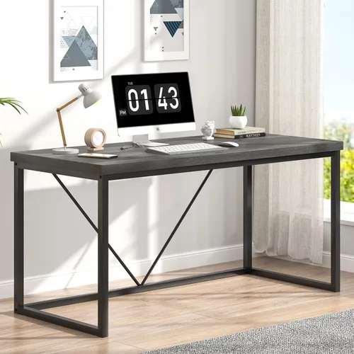 Miniatura 5 de EXCEFUR Escritorio moderno de oficina en casa, escritorio de computadora de madera y metal, mesa de estudio de escritura industrial para sala de Gris