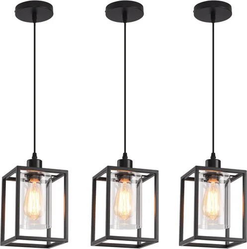 Miniatura 8 de Luces colgantes negras para isla de cocina, lámpara colgante de farol industrial con pantalla de vidrio transparente, iluminación colgante de altura