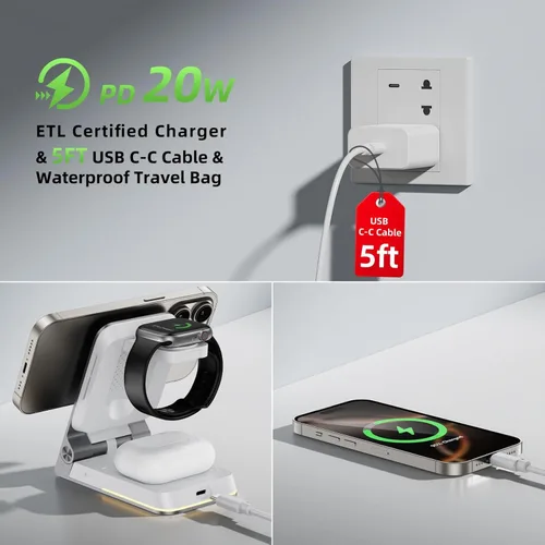 Miniatura 6 de Cargador inalámbrico plegable 3 en 1 – Estación de carga inalámbrica magnética para Apple Magsafe soporte de cargador con luz, cargador de viaje