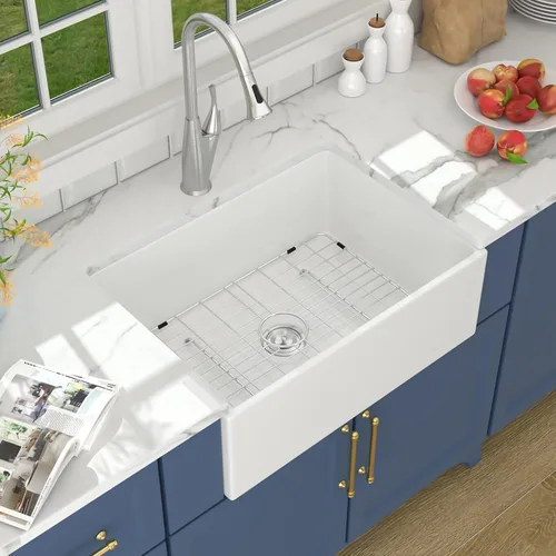 Miniatura 15 de Lordear Fregadero de Cocina Estilo Granja de 36 Pulgadas Blanco de Arcilla Refractaria Porcelana Cerámica Tazón Único Frente de Delantal Fregadero