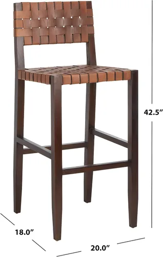 Miniatura 10 de Safavieh Home Collection Paxton Taburete de bar de cuero tejido de nogal y coñac de 30 pulgadas