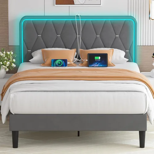 Miniatura 9 de VECELO Base de cama individual tapizada con cabecera ajustable, plataforma de terciopelo con luces LED, estación de carga, base de colchón