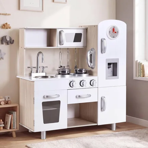 MAMIZO Juego de cocina para niños, cocina preescolar, juguete de madera para niños pequeños con nevera, estufa, utensilios de cocina, teléfono,