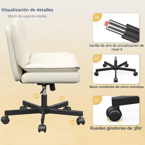Miniatura 8 de DurayLoly Silla Criss Cross con Ruedas, Silla de Oficina con Patas Cruzadas con 2 Capas de Cuero Comfty & Back, Silla de Tocador Ancha sin Brazos