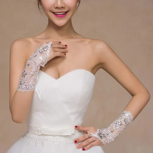 Miniatura 3 de Ayliss Guantes de encaje sin dedos con diamantes de imitación para fiesta de boda