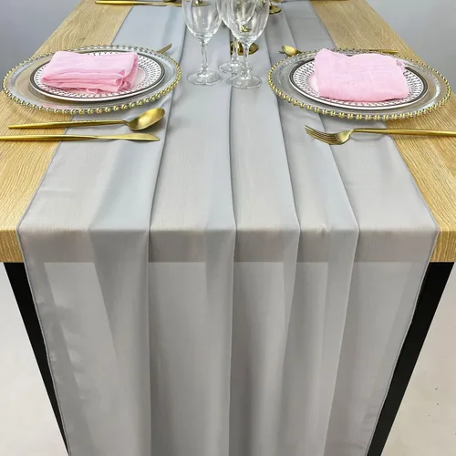 Miniatura 3 de Camino de mesa de gasa gris claro de 13 pies, 29 x 156 pulgadas, camino de boda bohemio romántico y rústico, decoración de fiesta nupcial