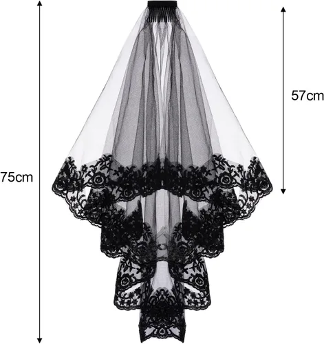Miniatura 2 de choyaxo Velo de novia de encaje negro, velo de novia de encaje floral, velo de Halloween con peine y guantes cortos de encaje negro para mujeres