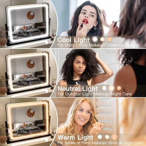 Miniatura 2 de FENNIO - Espejo de tocador con luces, espejo de maquillaje iluminado LED, pantalla táctil con 3 modos de iluminación, regulable, para mesa