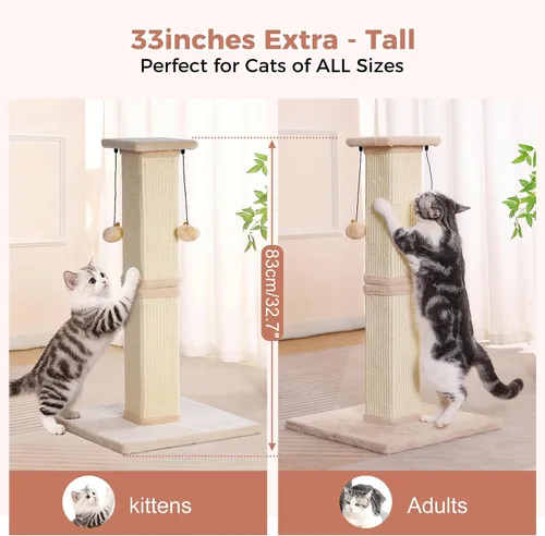 Miniatura 5 de Poste rascador grande para gatos con base resistente, poste rascador cuadrado resistente de sisal de 33 pulgadas y 2 bolas interactivas para colgar