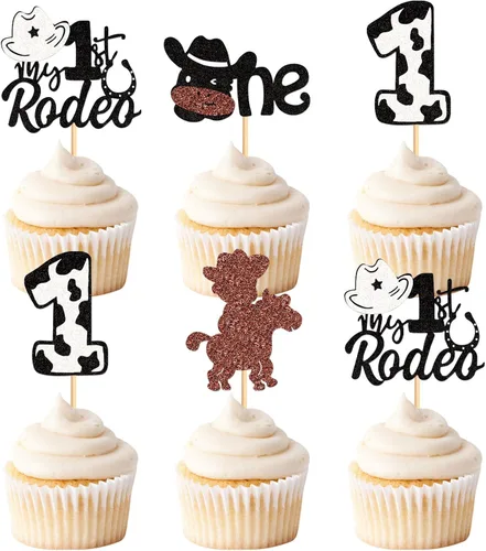24 piezas de decoración de cupcakes con purpurina de vaca blanca y negra, para vaqueros, baby shower, niños y niñas, decoración de pastel de