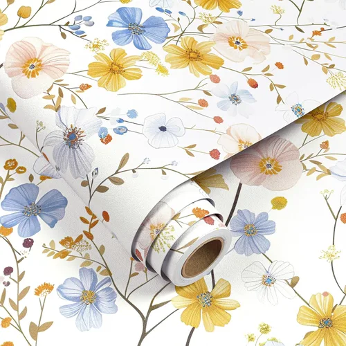 Miniatura 6 de FunStick Papel tapiz floral de acuarela para despegar y pegar, papel tapiz de flores silvestres extraíble, prepegado, blanco, azul, amarillo, rosa