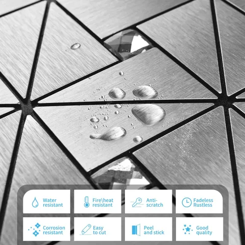 Miniatura 4 de Art3d 10 láminas de azulejos adhesivos de mosaico metálico para decoración de muro de cocina, azulejos adhesivos de aluminio compuesto para pegar
