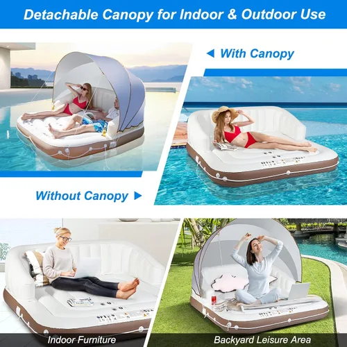 Miniatura 6 de Goplus Isla de toldo inflable, flotador de piscina de bronceado de 73 pulgadas con toldo retráctil y extraíble, SPF50+, 3 almohadas cómodas, carga