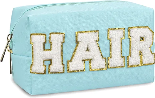 Bolsa de Maquillaje con Parche Preppy Gosuoa, Bolsa de Cosméticos de Piel Sintética con Sonrisa y Relámpago en el Corazón, Bolsa de Aseo de Viaje