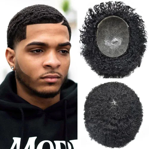 Miniatura 10 de Afro Toupee para hombres negros, piel de polietileno completa, onda de inyección de poliuretano, sistema de repuesto de cabello humano afroamericano