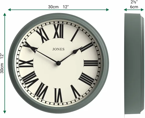 Miniatura 3 de JONES CLOCKS® Reloj de pared Hackney Reloj clásico de números romanos 12 pulgadas Verde Diseño tradicional para cocinas, pasillos o espacios