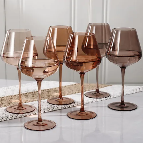 Juego de copas de vino Physkoa Venus de 6 - 532ml Copas de vino ámbar sopladas a mano con tallo, copas de vino de color melanina única, cristalería