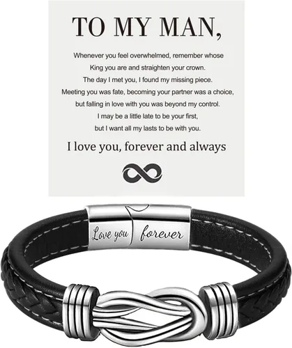 Miniatura 10 de Pulsera de cuero con texto en inglés "To My Man", regalo para marido de parte de WifeI Love You Forever and Always Pulseras para novio, aniversario