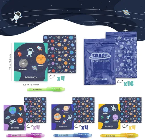 Miniatura 5 de BONNYCO Paquete de bolígrafo y cuaderno de tinta invisible, 16 recuerdos de fiesta espacial. Recuerdos de fiesta temática espacial para niños