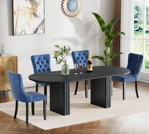 Miniatura 27 de Juego de 4 mesas de comedor extensibles, mesa de comedor ovalada negra y 4 sillas de comedor de terciopelo negro con patas de madera, juego de mesa