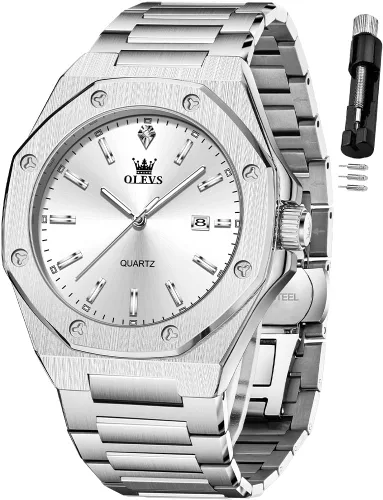 Miniatura 9 de OLEVS - Relojes de acero inoxidable para hombre, reloj de negocios y vestir de gran tamaño, fácil de leer, analógico, impermeable, luminoso, casual