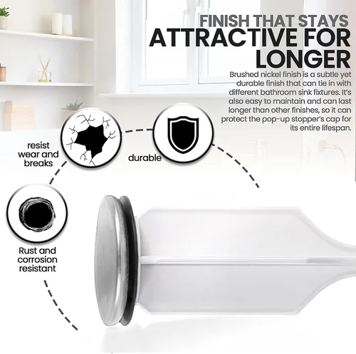 Miniatura 5 de (Paquete de 2) Tapones emergentes para lavabo de baño - con acabado de níquel cepillado - Se adapta a la mayoría de diseños de tapones emergentes