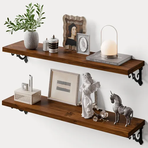 Estantes flotantes de madera maciza para pared con soportes de metal, estante de pared de madera de pino de 2 niveles de 36 pulgadas, adecuado para