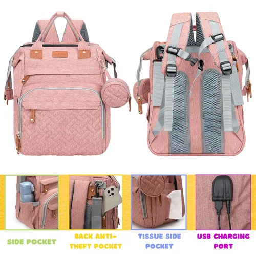 Miniatura 3 de Bolsa de pañales, artículos esenciales para bebés, mochila multifuncional de gran capacidad, el mejor regalo para recién nacidos con estación de Rosa