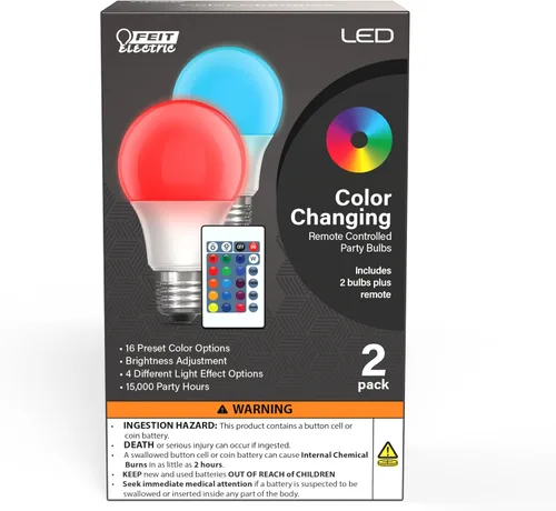 Feit Electric Bombilla LED A19 que cambia de color, 16 colores con 5 niveles de brillo, efectos de flash/estroboscópico/desvanecimiento/suave, 5 W,